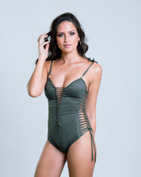 GOA MAGIC Suede Look Olive Green One Piece Swimsuit For Women "SIDE"