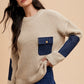 Annie Wear Contrast Round Neck Drop Shoulder Sweater with Patch Pocket