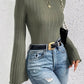 Ribbed Round Neck Flare Sleeve T-Shirt