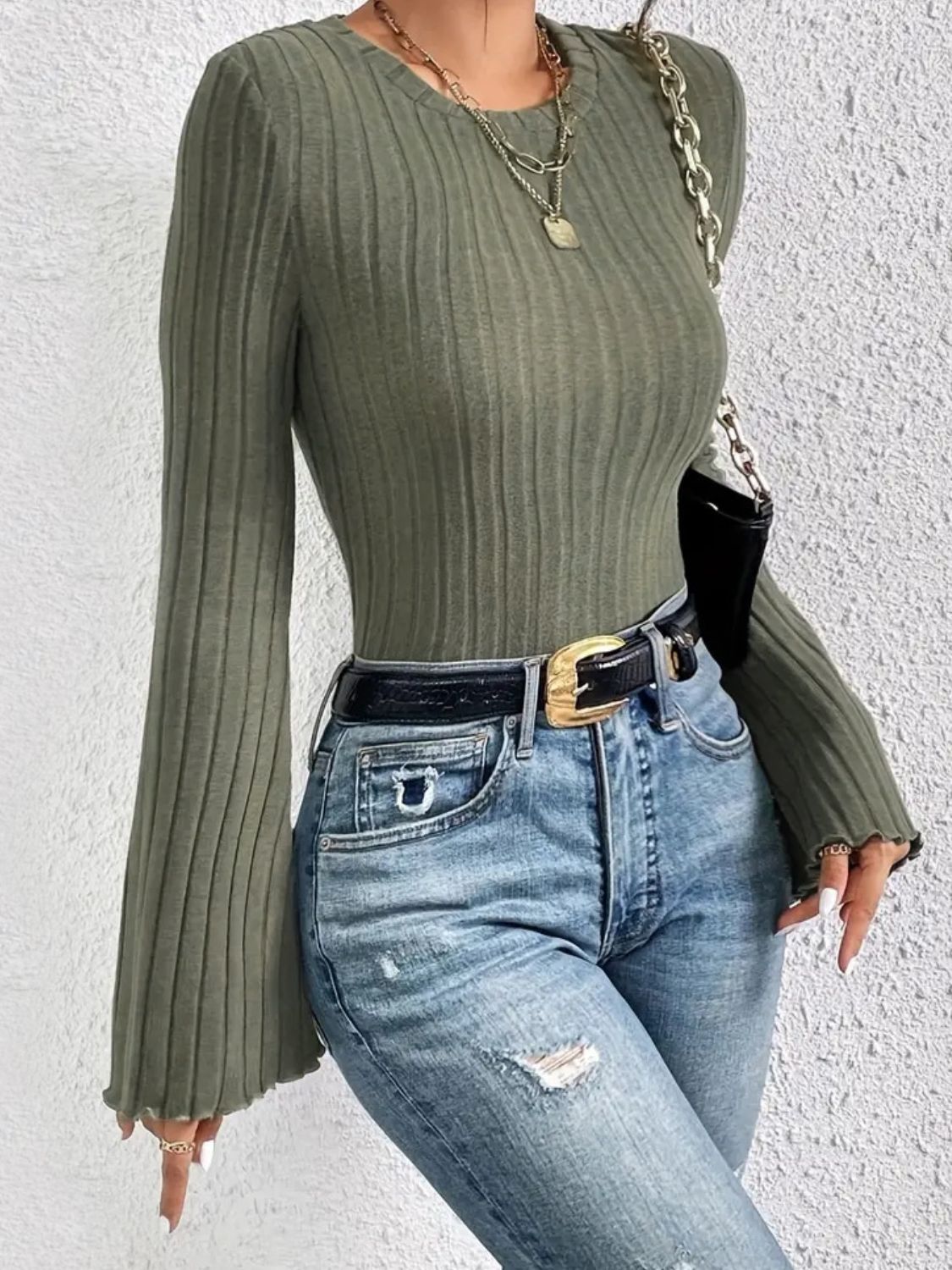 Ribbed Round Neck Flare Sleeve T-Shirt