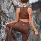 GOA MAGIC Front Slit Leggings For Women In Suede Printed Brown