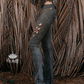 GOA MAGIC Flare Fringe Pants For Women In Suede Olive Green with Floral Cutouts