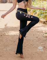GOA MAGIC Flare Fringe Pants For Women In Black with Floral Cutouts